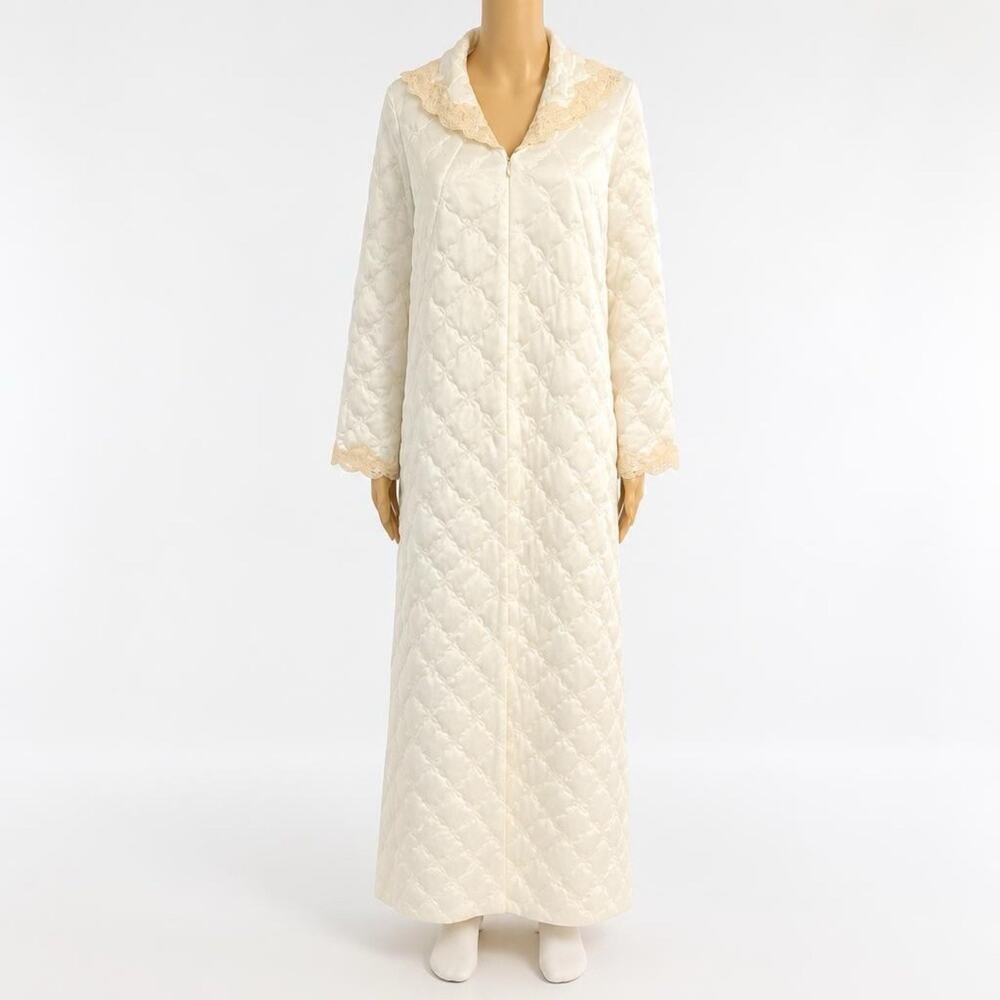 VTG 60s Kayser Ivory LaceTrim Robe Nightgown Quilted HouseCoat VictorianCore SzM - Picture 2 of 13